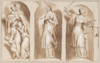 K II 072
<br/>
Sculpturen van drie deugden in nissen; Caritas, Fides (?) en Justitia
<br/>
<em>Anoniem It, Venetië? (17de eeuw)</em>